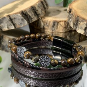 Pulsera Hombre Cuero, Ojo de Tigre y Árbol de la Vida