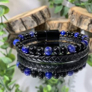 Pulsera Hombre cuero Negro, Lapislázuli y Ónix