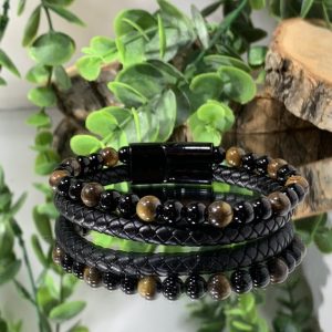 Pulsera Hombre Cuero Negro, Ojo de Tigre y Ónix